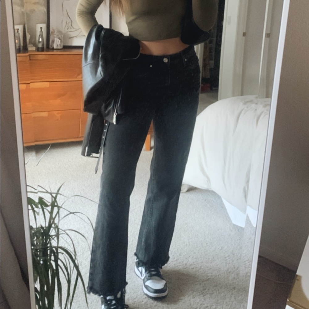 Zara black high waisted straight leg raw hem jeans